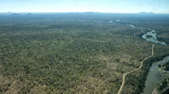 Aerial view of Ruaha National Park with river, woodland and remote wilderness landscape in Tanzania