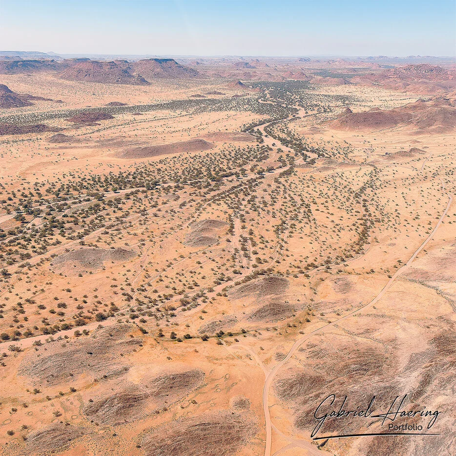 Aerial view of dry valleys, scattered trees and rocky desert plains in Damaraland, Namibia