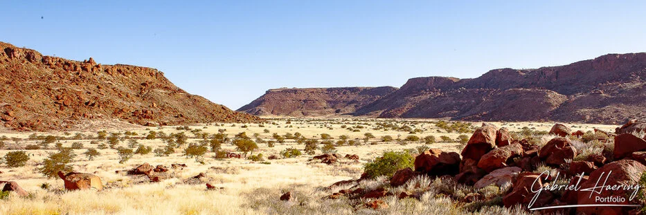 Panoramic dry river valley with rocky hills and desert grasses in Damaraland, Namibia