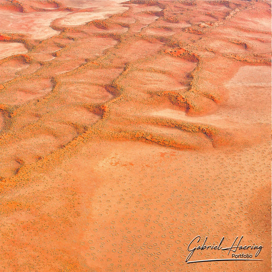 Aerial view of red sand, dry grassland and circular desert patterns in Namib-Naukluft National Park, Namibia